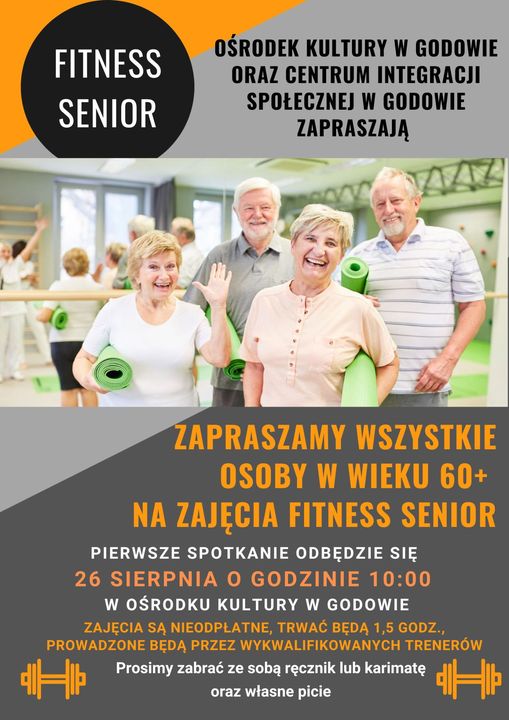 Plakat informacyjny o zajęciach fitness dla seniorów